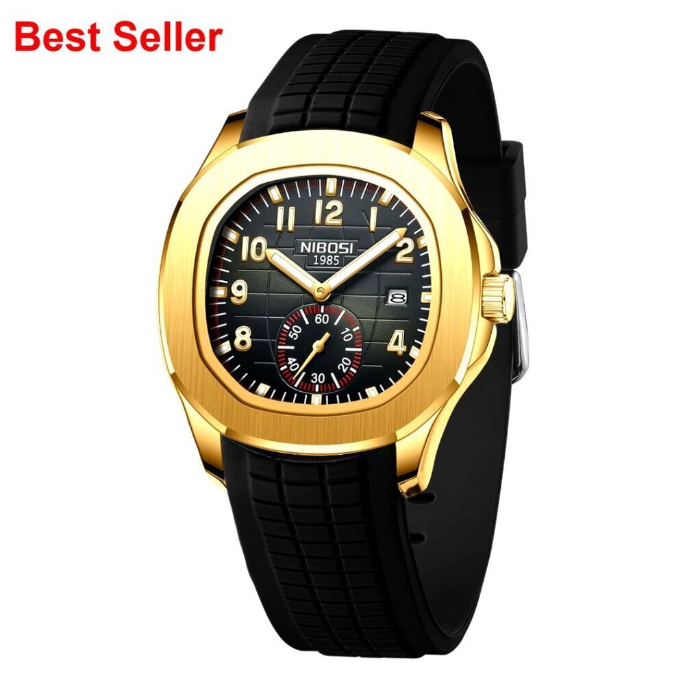 Analog Military Watch with Calendar Black Silicone Strap Waterproof
